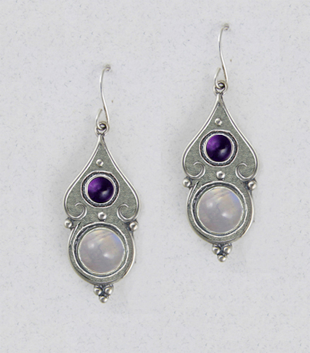 Sterling Silver Rainbow Moonstone And Amethyst Gemstone Drop Dangle Earrings